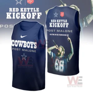 Alt text: A tank top featuring the Dallas Cowboys logo and an image of Post Malone for the Red Kettle Kickoff event.