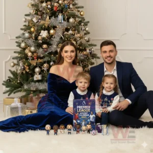 Family Christmas portrait featuring a Premier League Advent Calendar and themed decorations with football figures in front of a festive tree!
