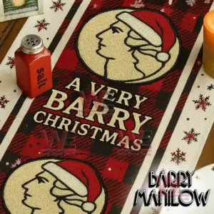 Christmas table runner featuring a profile illustration in a Santa hat with text on a red plaid background!