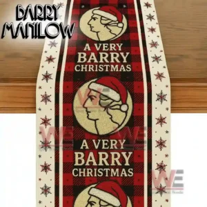 Full view of a Christmas table runner with repeating profile artwork and holiday text on a red and cream design!``
