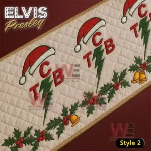 Quilted table runner with T C B lightning motifs wearing Santa hats and holly decorations!