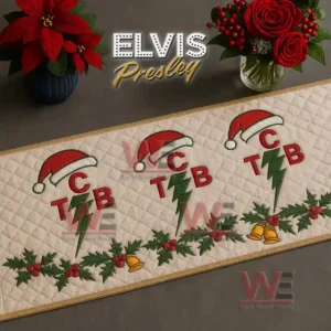 Holiday quilted runner with repeating T C B lightning designs and holly trim!
