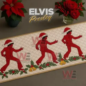 Quilted runner with red dancing silhouettes in Santa hats and holly decorations!```