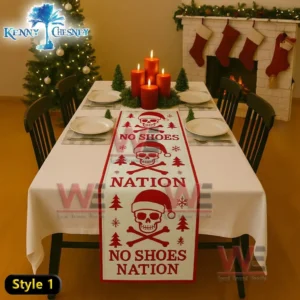 Quilted table runner with red Santa hat skull designs trees snowflakes and No Shoes Nation text!