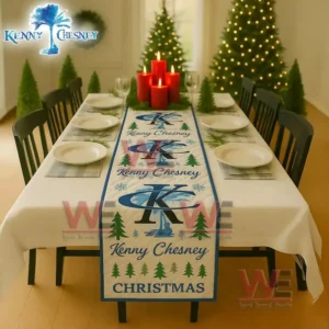 Christmas runner with stylized K graphics Kenny Chesney text and evergreen motifs!