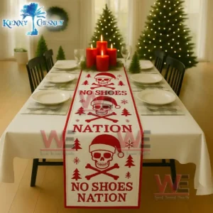 Christmas table runner with red Santa hat skull graphics trees snowflakes and No Shoes Nation text!