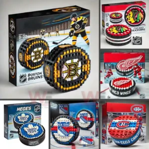A block built hockey puck featuring the new york rangers emblem displayed with its box on an ice rink!