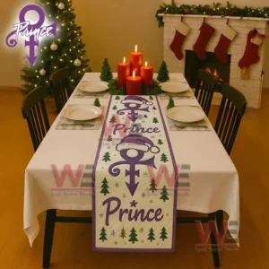 Quilted table runner with purple symbol designs Santa hats trees stars snowflakes and the name Prince!
