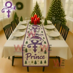 Premium Prince Christmas Table Runner 3 Christmas table runner with purple symbol motifs Santa hats trees stars snowflakes and the name Prince!
