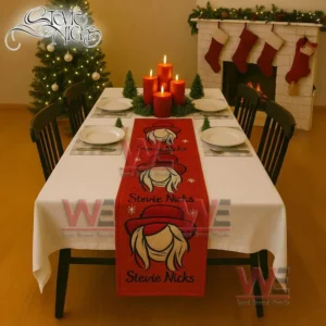 Red quilted table runner with stylized blond hair portraits red hats star accents and the name Stevie Nicks!