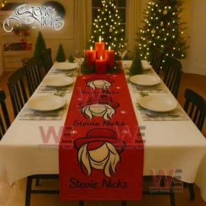 Premium Stevie Nicks Christmas Table Runner 3 Christmas table runner with stylized blond hair portraits red hats star details and the name Stevie Nicks!
