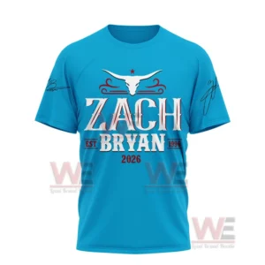 Front of blue shirt with artist name and decorative longhorn graphic.