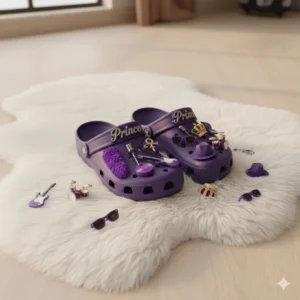 Prince Crocs Clogs with Charms 6 Prince inspired purple Crocs with charms arranged on white rug.