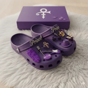 Purple Prince themed Crocs with matching box and music inspired charms.