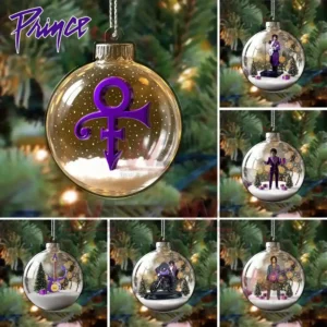Prince-themed Christmas ornament with a purple symbol and festive design.