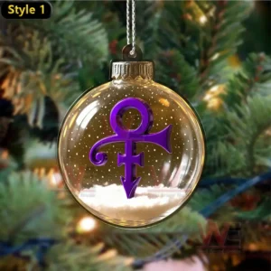 Close-up of the purple Prince symbol Christmas ornament with snowflakes.