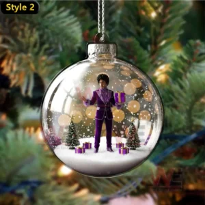 Prince ornament with purple suit, Christmas trees, gifts, and snow.