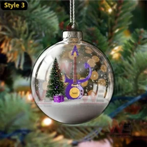 Prince symbol, guitar, and purple holiday ornament design.