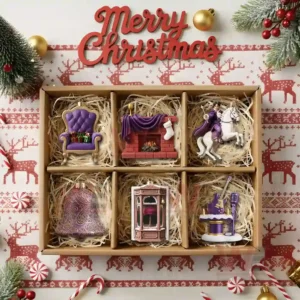 Gift box of six Prince inspired Christmas ornaments arranged with straw and festive decorations!