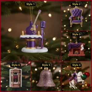 Prince Rogers Nelson Christmas Ornament 9 Six purple and gold themed Prince Christmas ornaments displayed on Christmas trees with warm festive lighting!