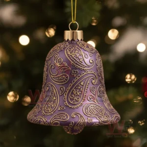 Prince Rogers Nelson Christmas Ornament 11 Purple bell shaped ornament with gold paisley design hanging on a Christmas tree with warm lights!