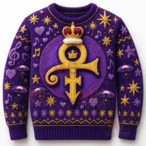 Purple Christmas sweater with golden symbol crown and decorative stars and musical notes!