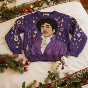 Prince Rogers Nelson Christmas Sweater 8 Purple Christmas sweater with embroidered portrait of Prince surrounded by musical and festive motifs!