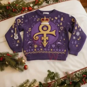 Prince Rogers Nelson Christmas Sweater 9 Purple Christmas sweater with golden symbol and festive decorations surrounded by holiday ornaments!