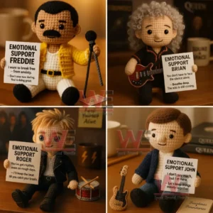 A group of four crochet musician dolls each holding a supportive message sign in a warm room setting!