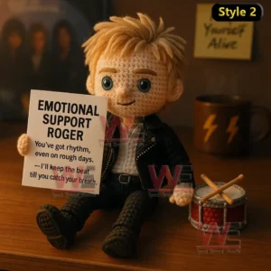Queen Band Emotional Support Doll 8 A crochet doll with blonde hair and a black jacket sitting beside a tiny drum holding a positive message sign!