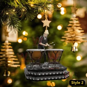 Queen Band Special Ornament 7 Queen band drummer ornament playing drums hanging on a decorated Christmas tree.