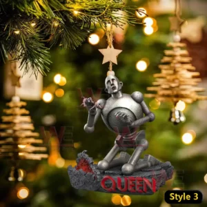 Queen Band Special Ornament 8 Queen band robot ornament hanging on a Christmas tree with glowing lights and decorations.