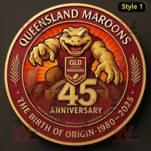 Queensland Maroons 45th Anniversary emblem featuring team mascot and gold lettering.