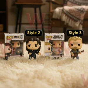Stylized collectible figures on a rug in a warmly lit living room.