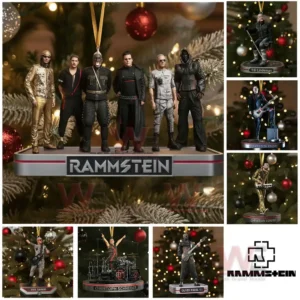 A full band ornament with six figures standing on a suspended platform in front of a Christmas tree.