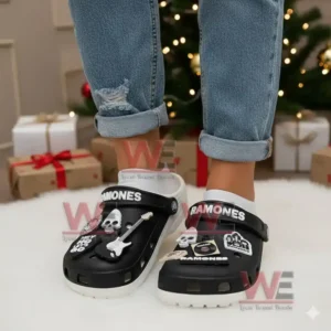 Black Ramones themed clogs worn by a person in a festive setting!