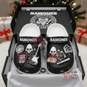 Black Ramones themed clogs displayed inside a gift box!