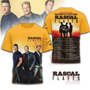 Yellow tour shirt with band photo on front and sunset silhouette with tour dates on back.