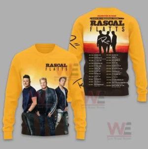Yellow sweater with band photo on front and tour schedule on back.