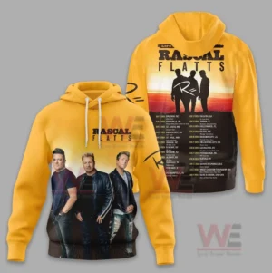 Yellow hoodie with band image on front and sunset themed tour list on back.