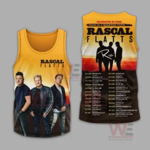 Yellow tank top with band photo on front and tour schedule with sunset silhouette on back.