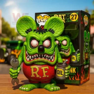 Green Rat Fink vinyl figure with wrench and oil can displayed with its box in the background.
