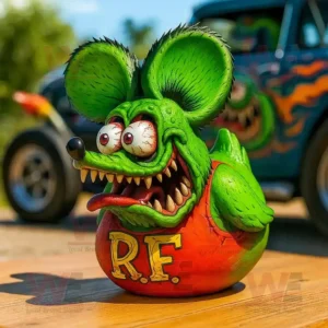 Green Rat Fink rubber duck figure with large eyes red shirt and toothy grin displayed outdoors.
