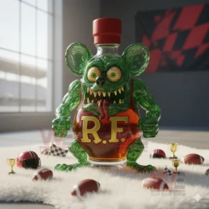 A green creature shaped bottle stands on a white rug surrounded by tiny footballs helmets and trophies!