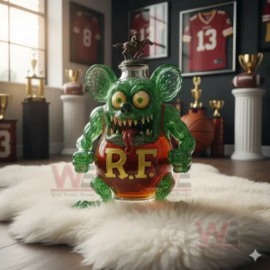 Rat Fink RF Whisky Bottle 9 A green creature shaped bottle sits on a white rug with jerseys trophies and sports items behind it!