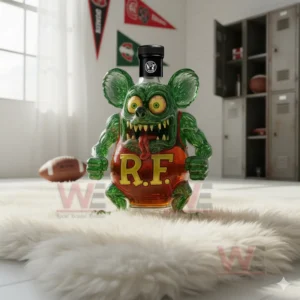 Rat Fink RF Whisky Bottle 10 A green creature shaped bottle sits on a white rug with lockers footballs and banners nearby!