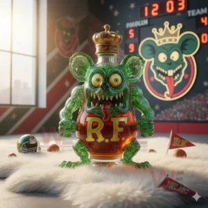 Rat Fink RF Whisky Bottle 11 A green creature shaped bottle sits on a white rug with stadium decorations flags and football props in the background!