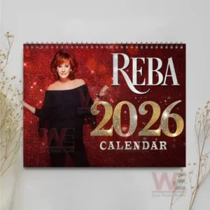 Reba McEntire on the cover of the 2026 calendar, with a red glitter background and golden year text.