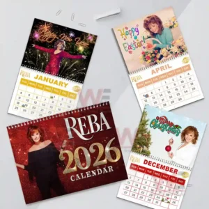 Reba McEntire 2026 Wall Calendar 15 January with Reba in a New Year's celebration, April with Easter flowers, and December with Reba by a Christmas tree.