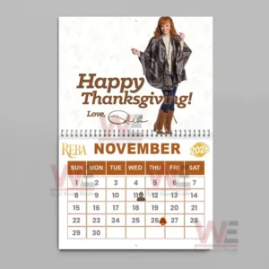 Reba McEntire 2026 Wall Calendar 16 November page with Reba McEntire in a Thanksgiving outfit and a calendar layout for November 2026.